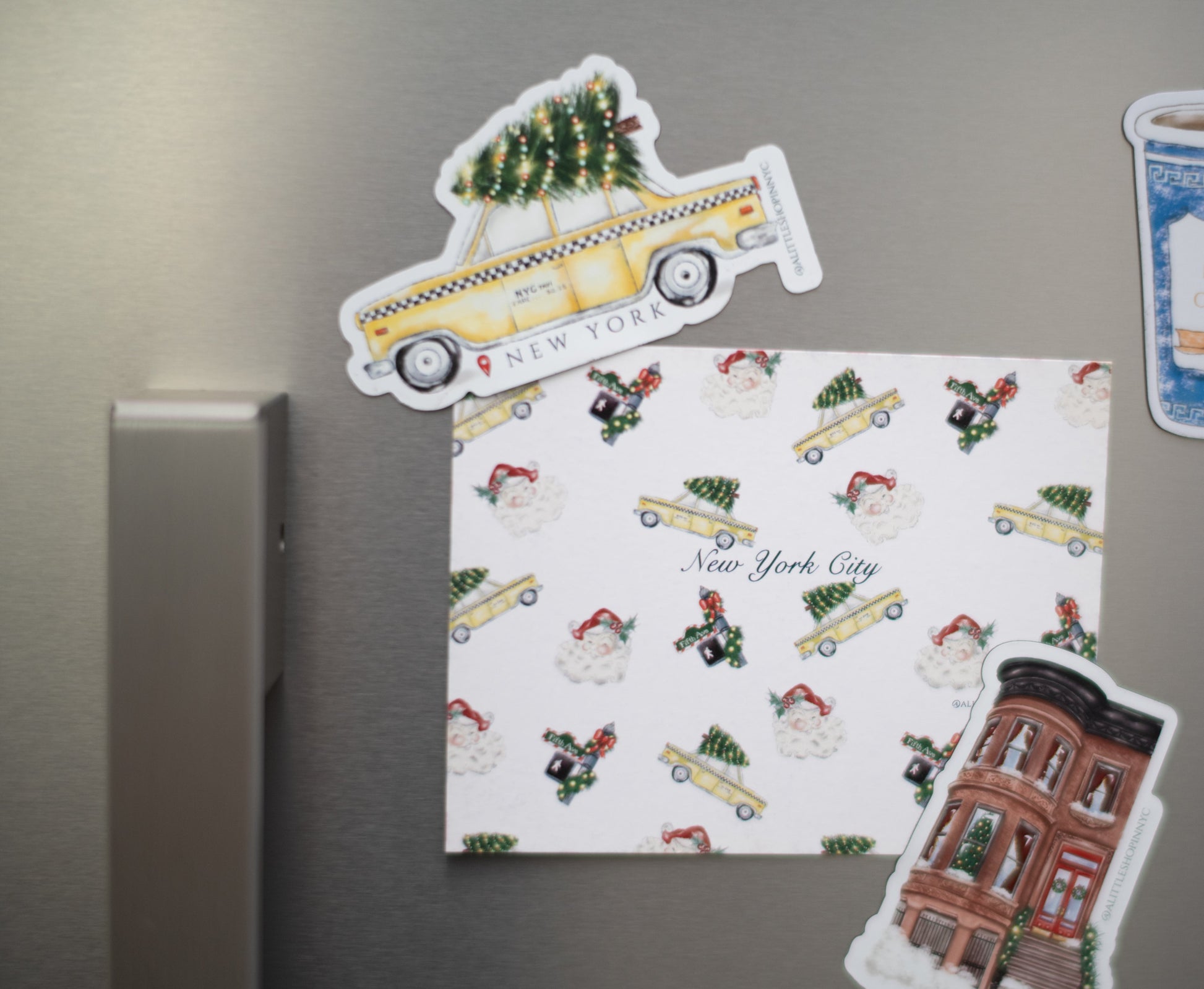 Collection of New York-themed magnets on a refrigerator